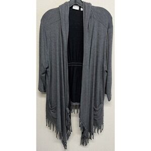 Chicos Zenergy Fringe Hooded Cardigan Jersey Knit Size 3/XL Gray Black